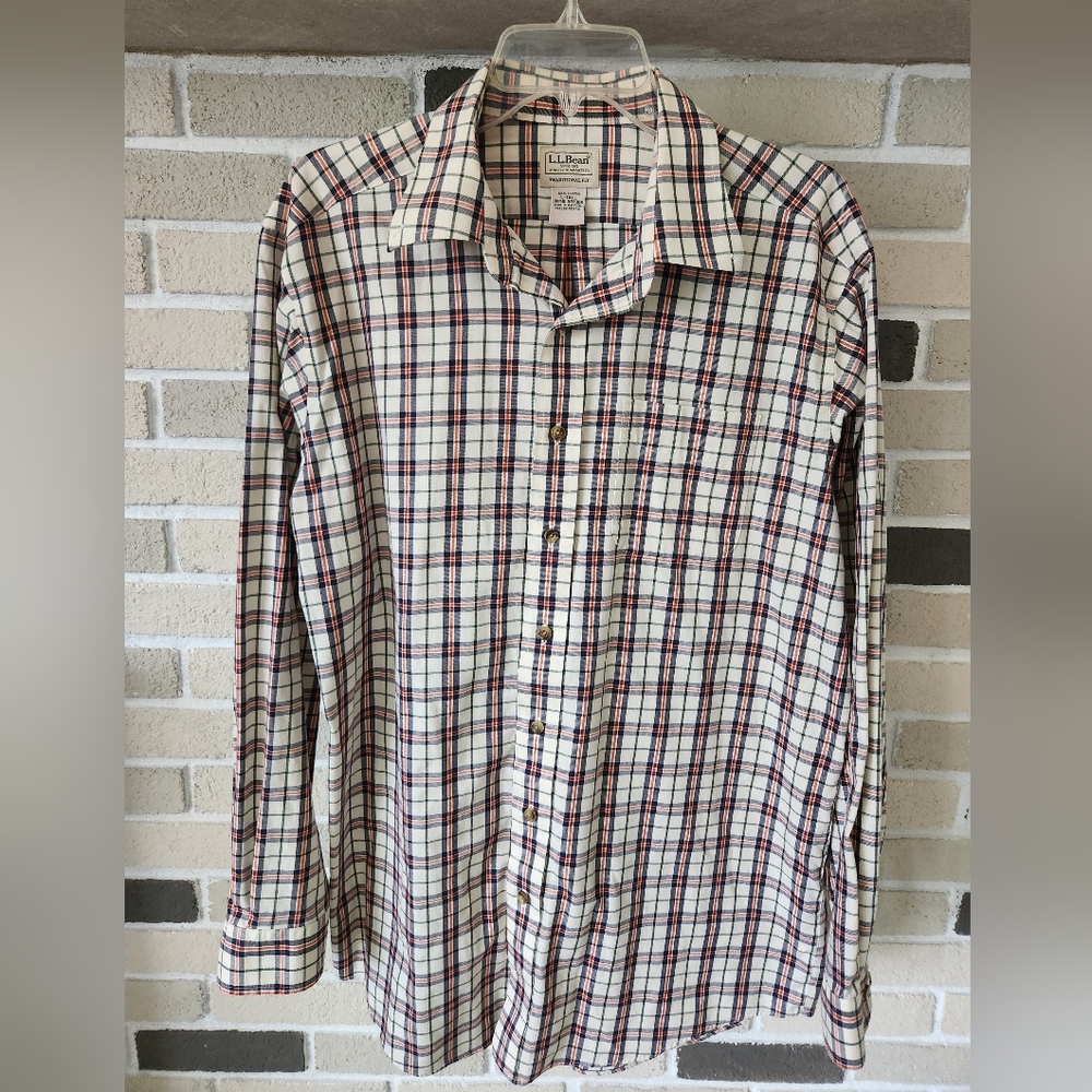 LL Bean Flannel Plaid Shirt Red Navy White Check Button Up Mens Size LT